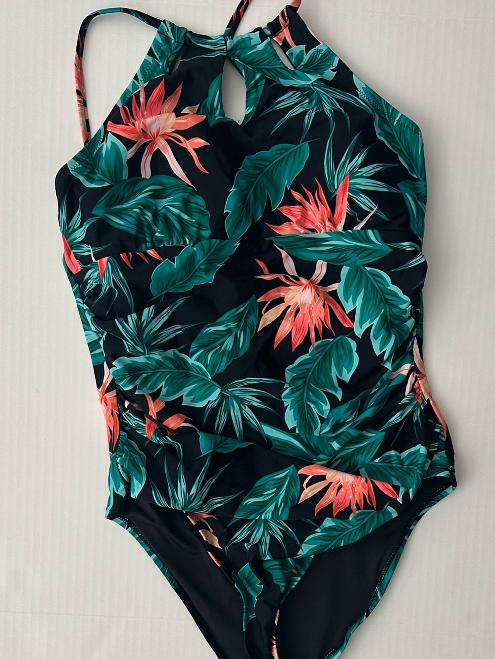 Cupshe Black One-Piece Swimsuit with Teal Leaves & Coral Flowers